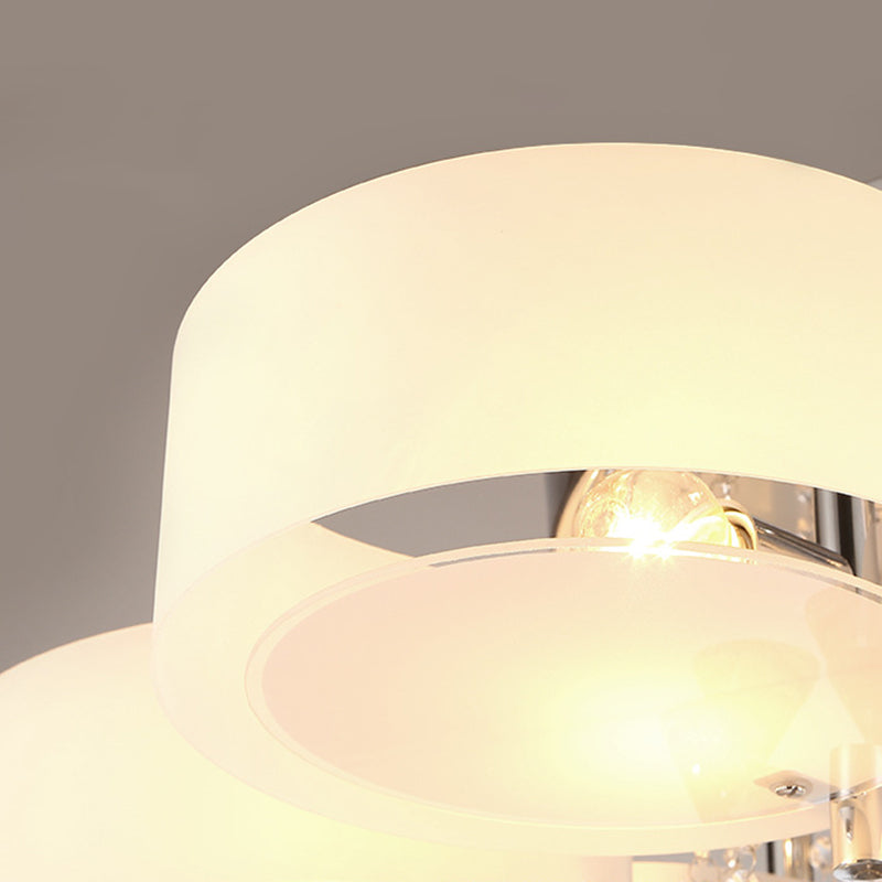 Modern Drum Flush Mount With Frosted Glass & Crystal Drop - 3/5/6 Head White Ceiling Light