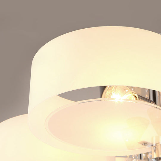 Modern Drum Flush Mount With Frosted Glass & Crystal Drop - 3/5/6 Head White Ceiling Light