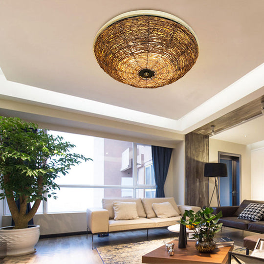 Traditional Rattan Wood Bowl Flush Ceiling Lamp - 3 Bulb Light Fixture 12.5’/16.5’ Wide