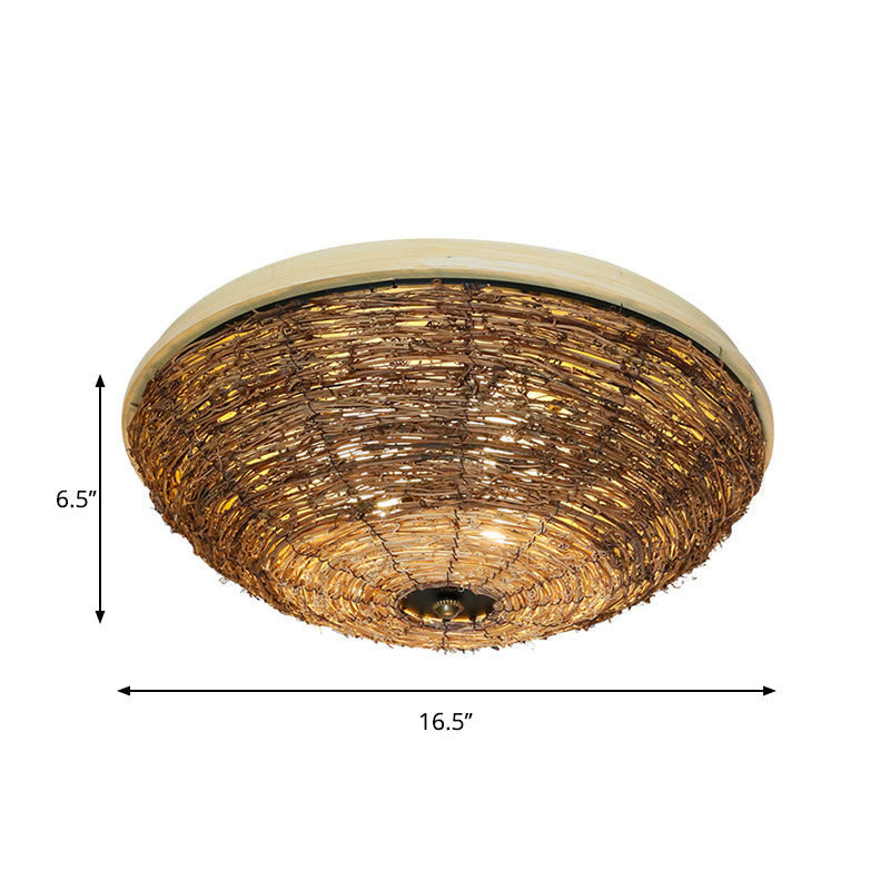 Traditional Rattan Wood Bowl Flush Ceiling Lamp - 3 Bulb Light Fixture 12.5’/16.5’ Wide