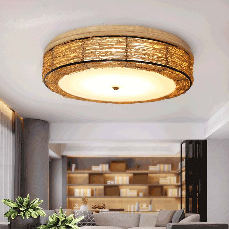 Traditional Rattan Round Flush Mount Chandelier - 12.5’/16.5’ Wide 5 Bulbs Wood Ceiling