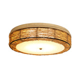 Traditional Rattan Round Flush Mount Chandelier - 12.5/16.5 Wide 5 Bulbs Wood Ceiling