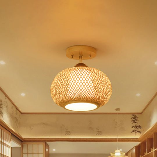 Bamboo Wood Lantern Semi-Flush Mount Ceiling Fixture - 10’/14’/16’ Wide