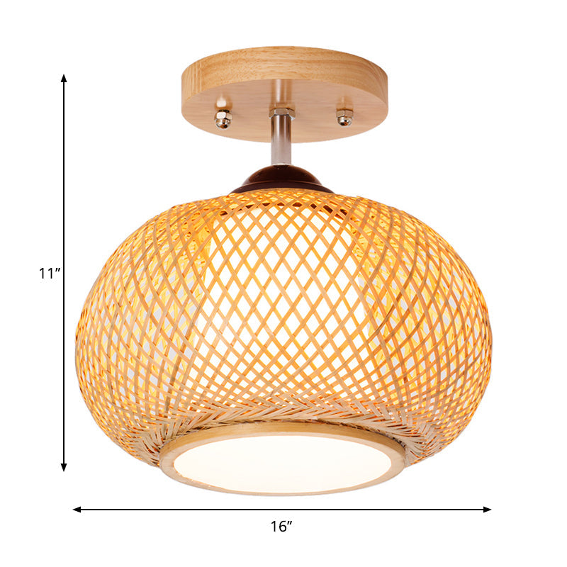 Bamboo Wood Lantern Semi-Flush Mount Ceiling Fixture - 10’/14’/16’ Wide