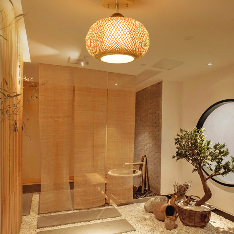 Bamboo Wood Lantern Semi-Flush Mount Ceiling Fixture - 10’/14’/16’ Wide