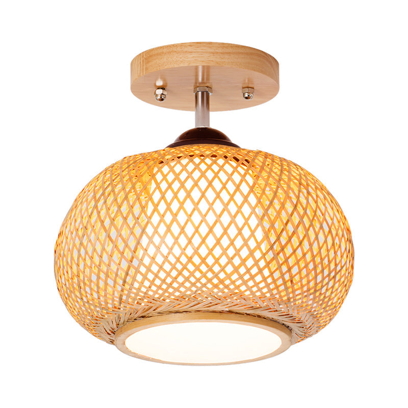 Bamboo Wood Lantern Semi-Flush Mount Ceiling Fixture - 10’/14’/16’ Wide