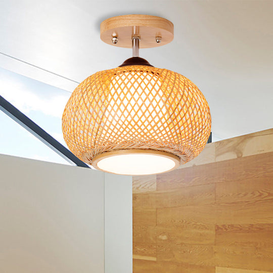Bamboo Wood Lantern Semi-Flush Mount Ceiling Fixture - 10’/14’/16’ Wide / 10’
