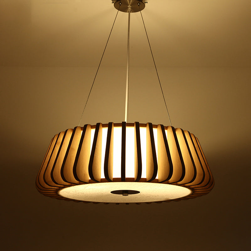 Wide Tapered Suspension Lighting - Traditional Wood 1-Bulb Nickel Hanging Ceiling Light 19.5’/23.5