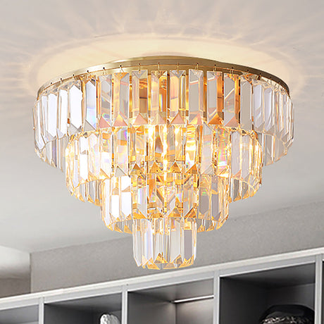 Vintage Crystal Block Flush Mount Lamp - 16/19.5 Dia 5/6 Heads Gold Finish