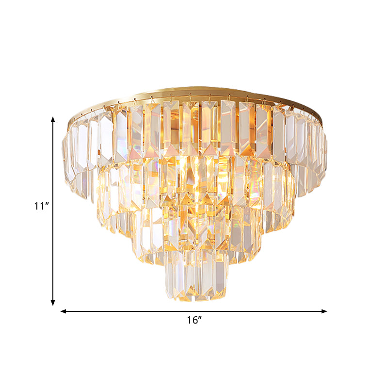 Vintage Crystal Block Flush Mount Lamp - 16/19.5 Dia 5/6 Heads Gold Finish
