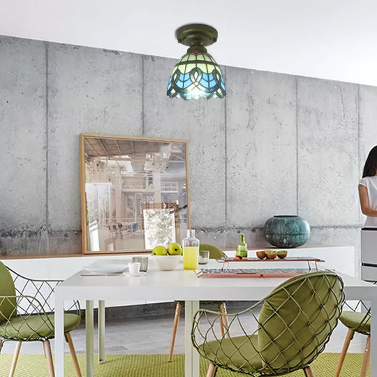 Blue Stained Glass Ceiling Light - Baroque Style Semi Flush Mount With Bell Shade / 6’