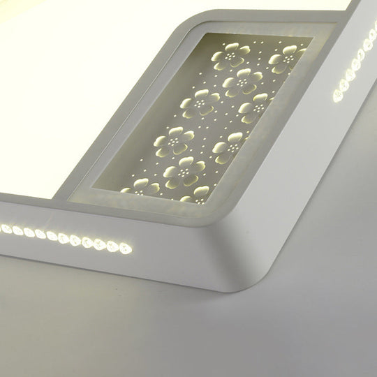 Modern Rectangle Ceiling Light Fixture: Acrylic White Led Flush Mount With Crystal Beaded Accent
