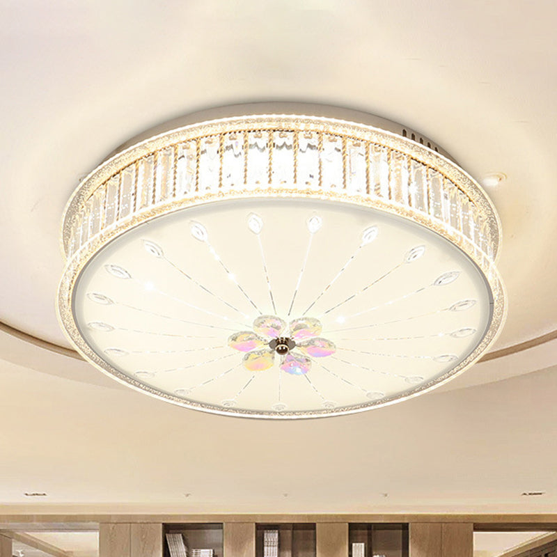 Minimalist White Led Ceiling Light Fixture With Drum Clear Faceted Crystal Flush Lamp / Warm