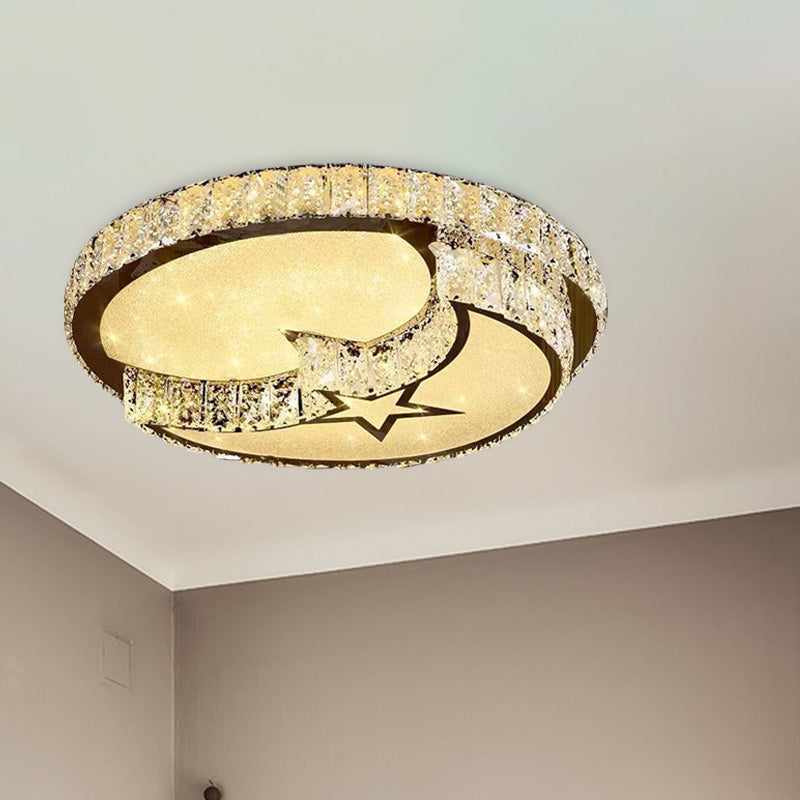 Modern Led Ceiling Light With White Moon And Star/Heart Design Crystal Block Accent - Perfect For