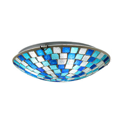 Tiffany Mosaic Glass Ceiling Light - Round Blue Flush Mount (12’/16’ Width) 1 Bulb