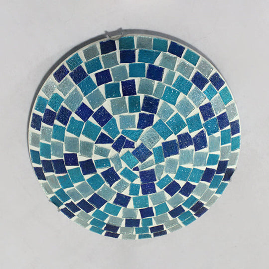Tiffany Mosaic Glass Ceiling Light - Round Blue Flush Mount (12’/16’ Width) 1 Bulb