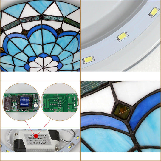 Vintage Stained Glass Flush Mount Ceiling Light In Blue - 12’/16’ Bowl Shape