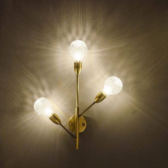 Modernist Brass Armed Sconce Lamp Wall Mount Light Fixure With Prismatic Glass Ball Shade - 3 Bulbs