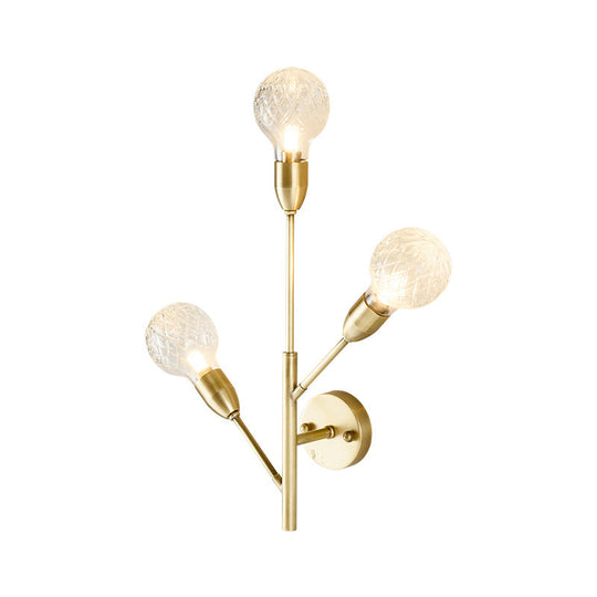 Modernist Brass Armed Sconce Lamp Wall Mount Light Fixure With Prismatic Glass Ball Shade - 3 Bulbs