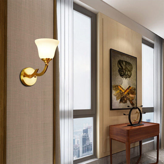 Colonial Style Gold Wall Sconce With Milk Glass Bell Shade - Perfect For Corridors