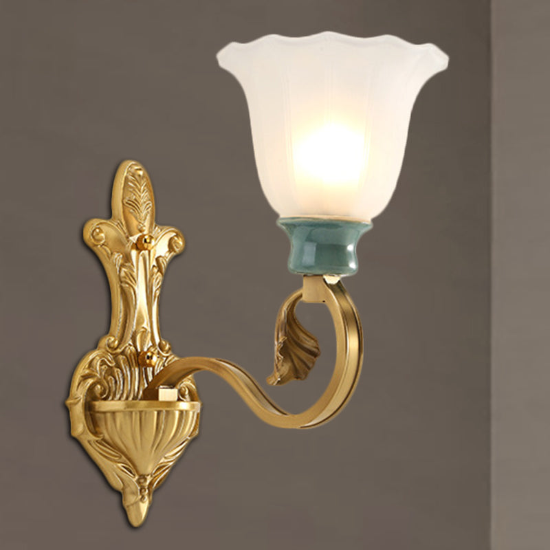 Vintage Frosted Glass Wall Mount Lamp With Gold Finish - Petal Shade Bedroom Sconce