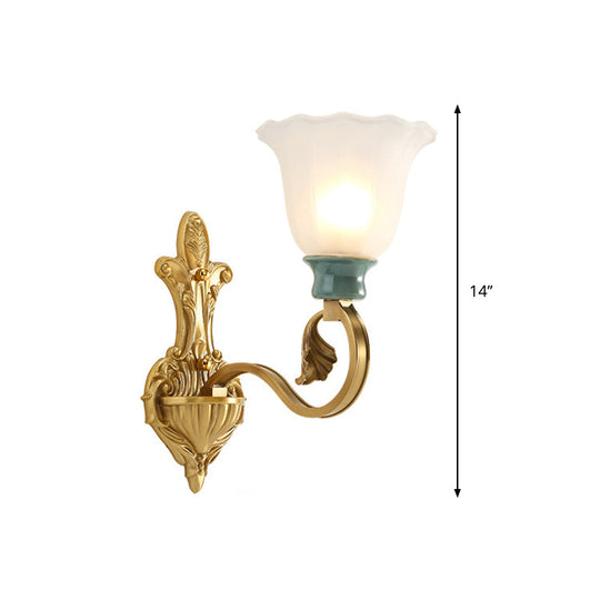 Vintage Frosted Glass Wall Mount Lamp With Gold Finish - Petal Shade Bedroom Sconce