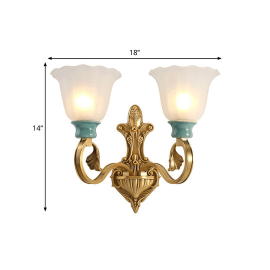 Vintage Frosted Glass Wall Mount Lamp With Gold Finish - Petal Shade Bedroom Sconce