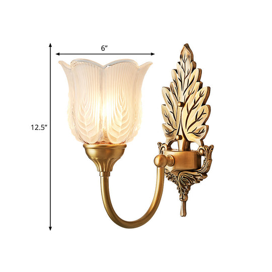 Antique Style Golden Leaf Wall Sconce With Frosted Glass Shade - Ideal For Bedroom Lighting
