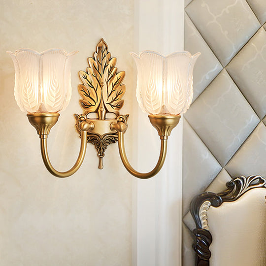 Antique Style Golden Leaf Wall Sconce With Frosted Glass Shade - Ideal For Bedroom Lighting