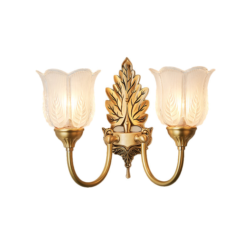 Antique Style Golden Leaf Wall Sconce With Frosted Glass Shade - Ideal For Bedroom Lighting