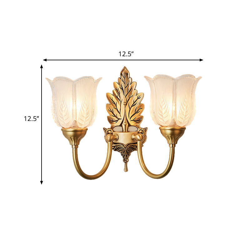 Antique Style Golden Leaf Wall Sconce With Frosted Glass Shade - Ideal For Bedroom Lighting