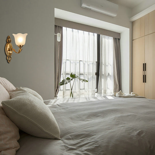 Vintage-Style Flower Opal Glass Wall Lamp With Golden Metal Arm - 1/2-Light Bedroom Mounted Lighting
