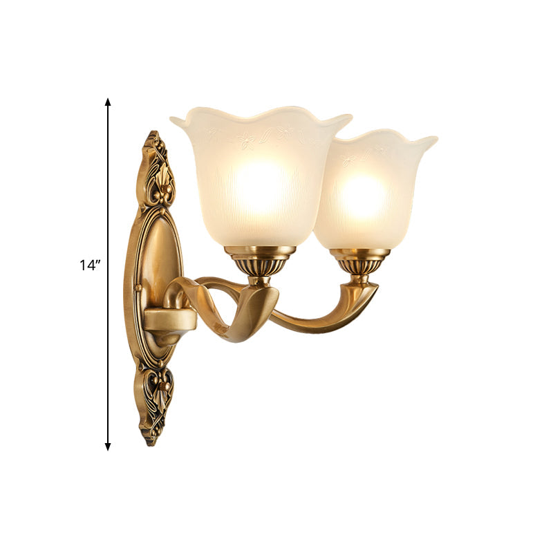 Vintage-Style Flower Opal Glass Wall Lamp With Golden Metal Arm - 1/2-Light Bedroom Mounted Lighting