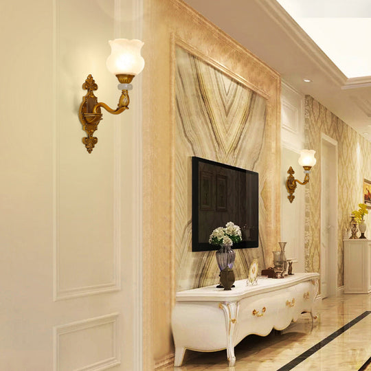 Classic Floral Wall Sconce With Milk Glass Shade And Brass Carved Backplate