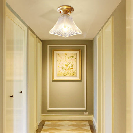 Colonial Brass Clear Ribbed Glass Flush Mount Light - 7.5/8 Width Cone/Bell Ceiling Fixture Single
