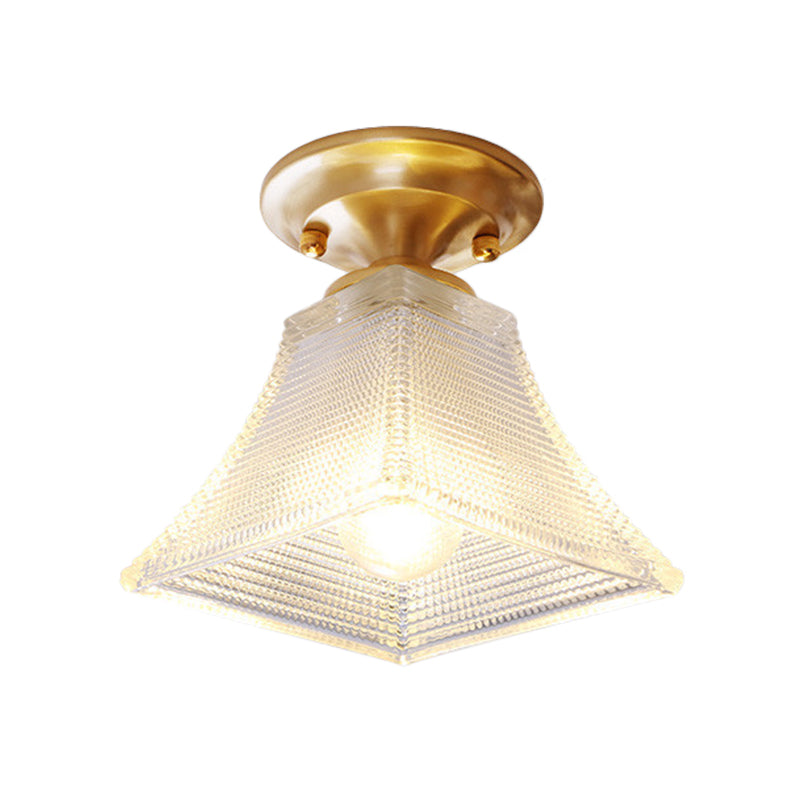 Colonial Brass Clear Ribbed Glass Flush Mount Light - 7.5’/8’ Width Cone/Bell Ceiling Fixture