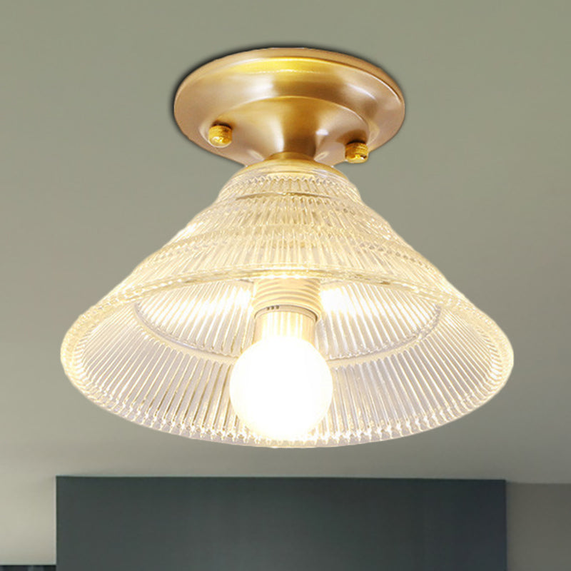 Colonial Brass Clear Ribbed Glass Flush Mount Light - 7.5/8 Width Cone/Bell Ceiling Fixture Single