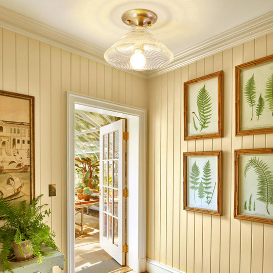 Colonial Brass Clear Ribbed Glass Flush Mount Light - 7.5/8 Width Cone/Bell Ceiling Fixture Single