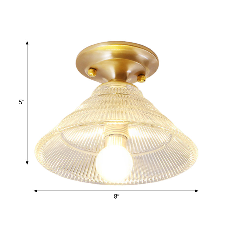 Colonial Brass Clear Ribbed Glass Flush Mount Light - 7.5’/8’ Width Cone/Bell Ceiling Fixture