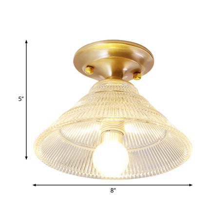 Colonial Brass Clear Ribbed Glass Flush Mount Light - 7.5/8 Width Cone/Bell Ceiling Fixture Single