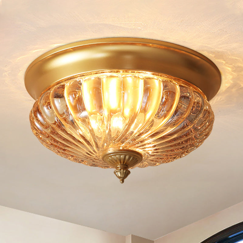Brass Flush Mount Lamp With Prismatic Glass Dome For Corridor - 2 Heads Colonial Style 10’/12’ W