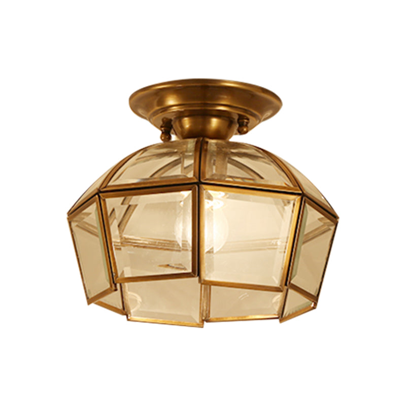 Beveled Colonial Ceiling Flush Mount Light Fixture - 1 Bulb Clear Glass Brass