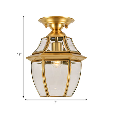Clear Bevel Glass Lantern Bedroom Flush Mount Light - Colonial 1-Bulb Brass Ceiling Lamp