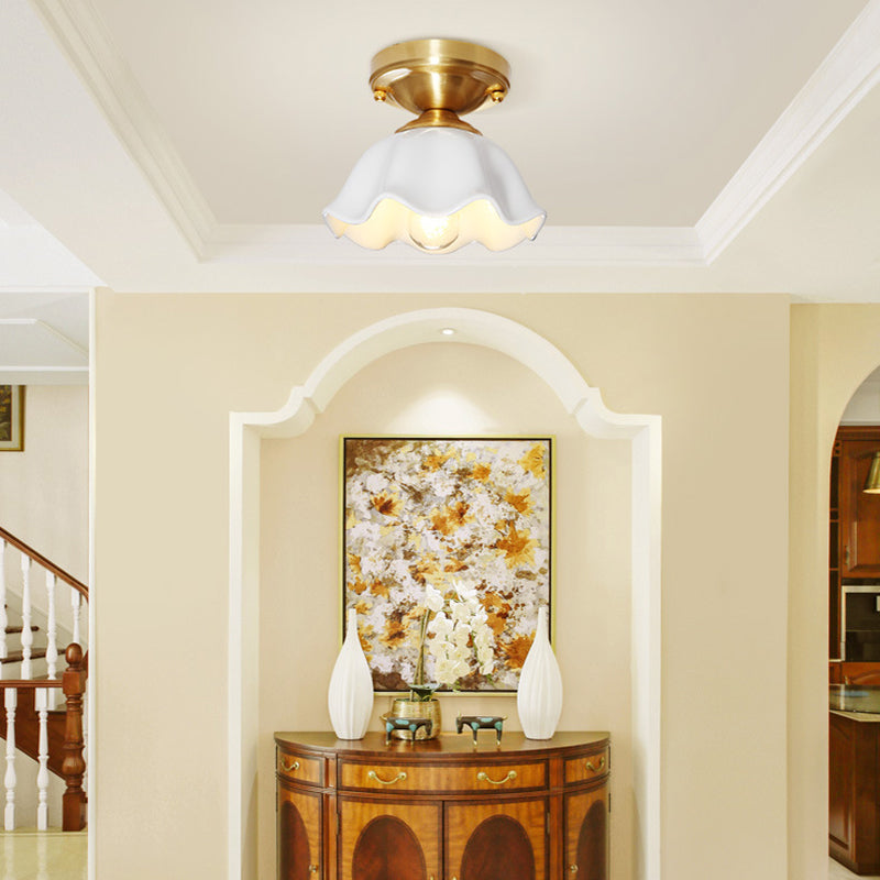Colonial Style White Glass Ceiling Lamp With Scalloped Fixture For Living Room