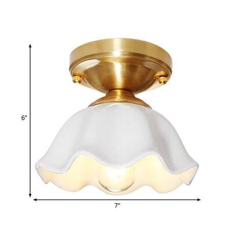 Colonial Style White Glass Ceiling Lamp With Scalloped Fixture For Living Room
