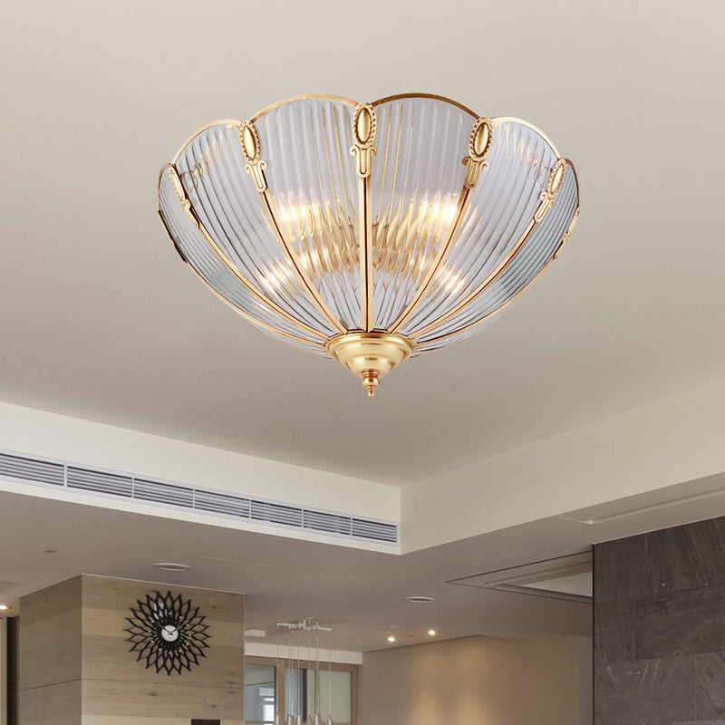 Prismatic Glass Flush Mount Ceiling Light With Colonial Brass Finish - 3-Light Scalloped Design