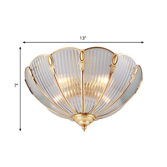 Prismatic Glass Flush Mount Ceiling Light With Colonial Brass Finish - 3-Light Scalloped Design