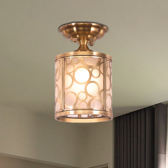 Brass Frosted Glass Ceiling Flush Mount Lamp Colonialist Style For Living Room / Circle