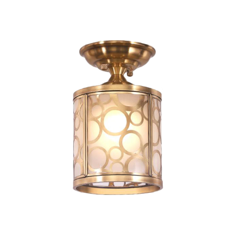 Brass Frosted Glass Ceiling Flush Mount Lamp Colonialist Style For Living Room