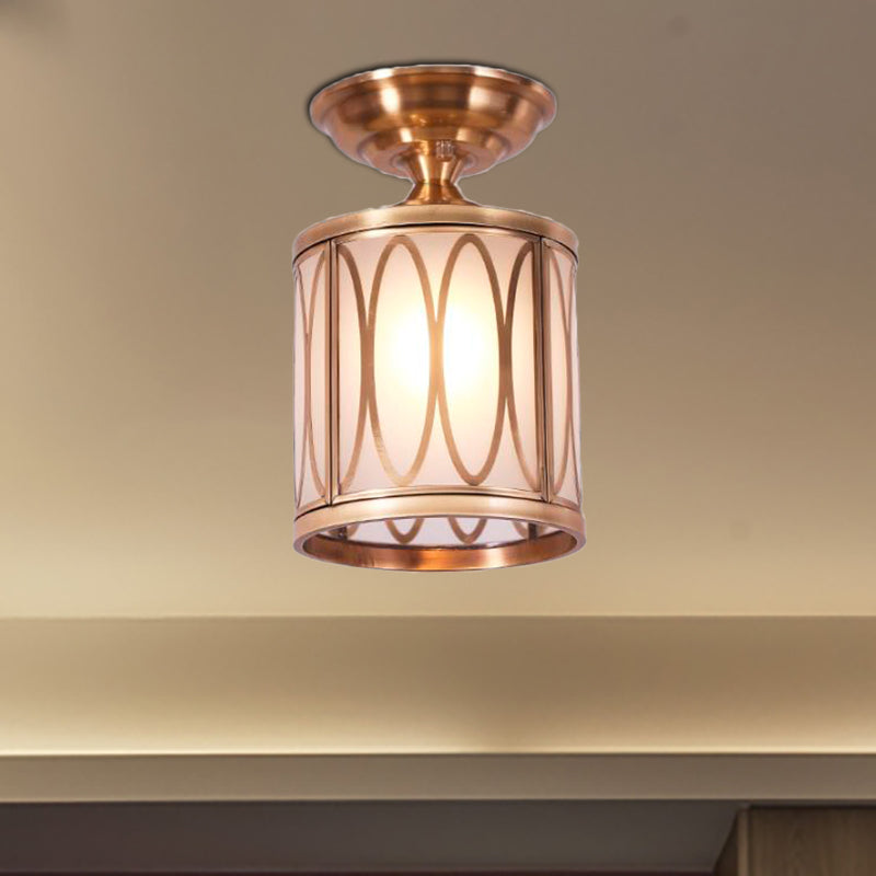 Brass Frosted Glass Ceiling Flush Mount Lamp Colonialist Style For Living Room